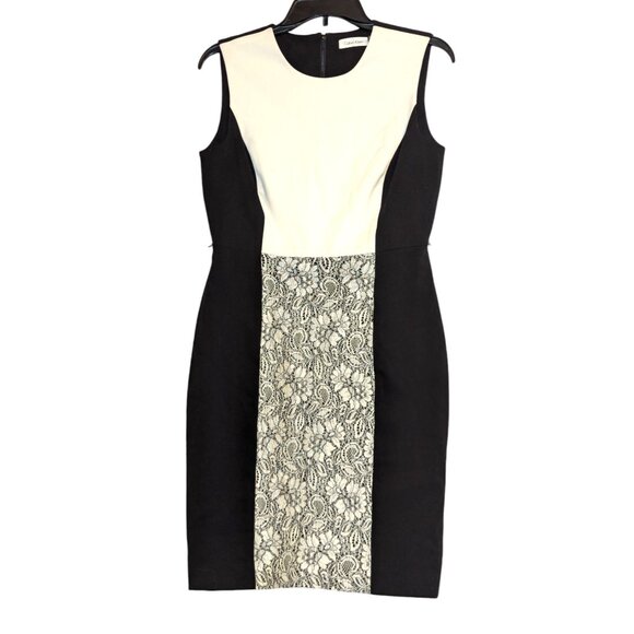Calvin Klein Womens Sleeveless Colorblock Lace Panel Sheath Dress Size 6 Black & - Picture 1 of 7